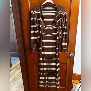 Eloquii Brown and Cream Striped Long Sleeve Dress with Cardigan